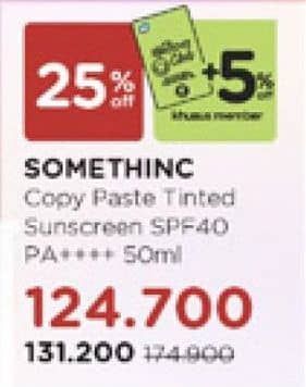 Somethinc Copy Paste Tinted Sunscreen SPF40 PA++++ 50 ml Diskon 28%, Harga Promo Rp124.700, Harga Normal Rp174.900, Promo reguler Rp 131.200. Khusus member +5% diskon