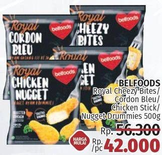 Promo Harga BELFOODS Royal Nugget Chicken Nugget Stick, Cordon Bleu, Cheezy Bites, Chicken Nugget Drummies 500 gr - LotteMart
