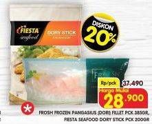 Promo Harga FROSH Frozen Pangasius (Dori) Fillet Pck 385gr, FIESTA Seafood Dory Stick 200gr  - Superindo