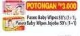 Promo Harga PASEO Baby Wipes Jojoba, Gazzete per 2 pouch 50 pcs - Hypermart