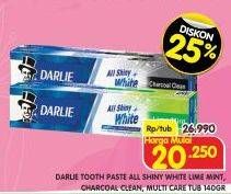 Promo Harga Darlie Toothpaste All Shiny White Lime Mint, All Shiny White Charcoal Clean, All Shiny White Multicare 140 gr - Superindo
