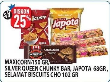 Maxicorn Snack/Silver Queen Chunky Bar/Japota Potato Chips/Selamat Sandwich Biscuits