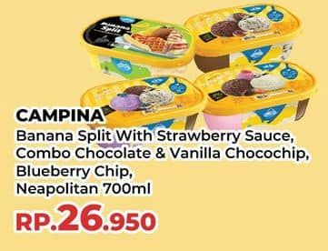 Promo Harga Campina Ice Cream Banana Split, Chocolate Vanilla Choco Chunk, Blueberry Choco Chunk, Neapolitan 700 ml - Yogya