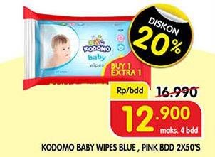 Promo Harga KODOMO Baby Wipes Classic Blue, Rice Milk Pink per 2 pouch 50 pcs - Superindo