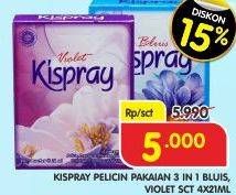 Promo Harga KISPRAY Pelicin Pakaian Sachet Bluis, Violet per 4 sachet 21 ml - Superindo