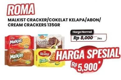 Promo Harga Roma Malkist Crackers, Cokelat Kelapa, Abon, Cream Crackers 135 gr - Carrefour