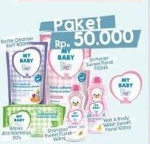 Promo Harga MY BABY Wipes + Shampoo 100ml + Hair & Body Wash 100ml + Fabric Softener 700ml + Bottle Cleaner 400ml  - LotteMart