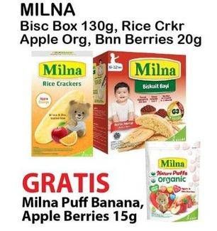 Promo Harga MILNA Biscuit Box 130g, Rice Crackers Apple Orange, Banana Berries 20g  - Alfamart