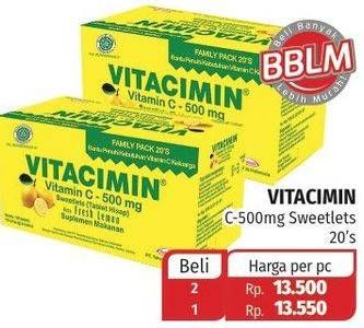 Promo Harga VITACIMIN Vitamin C - 500mg Sweetlets (Tablet Hisap) Sweetless 20 pcs - Lotte Grosir