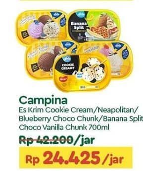 Promo Harga Campina Ice Cream Cookie Creamy, Neapolitan, Blueberry Choco Chunk, Banana Split, Chocolate Vanilla Choco Chunk 700 ml - TIP TOP