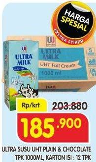 Promo Harga ULTRA MILK Susu UHT Full Cream, Coklat per 12 tpk 1000 ml - Superindo