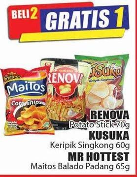 Promo Harga RENOVA Potato Stick 70 g/KUSUKA Keripik Singkong 60 g/MR HOTTEST Maitos Balado Padang 65 g  - Hari Hari