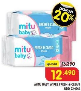 Promo Harga MITU Baby Wipes Fresh & Clean per 2 pouch 40 pcs - Superindo