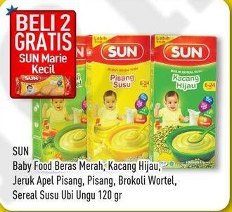 Promo Harga SUN Bubur Bayi Beras Merah, Kacang Hijau, Jeruk Apel Pisang, Brokoli Wortel 120 gr - Hypermart