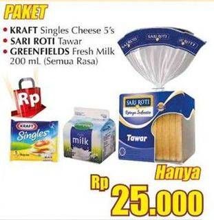 Promo Harga PAKET (1pc Kraft Singles Cheese 5's + 1pc Sari Roti Tawar + 1pc Greenfields Fresh Milk 200ml (semua rasa)  - Giant