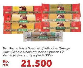 Promo Harga SAN REMO Spaghetti/Fettucine/Angel Hair/Spaghetti Wholemeal/Spinach Fettucine/Vermicelli/Instant Spaghetti 500gr  - Carrefour
