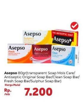 Promo Harga ASEPSO 80 g (Transparent Soap Mois Care/ Antiseptic Original, Clean, Fresh, Sulfur)  - Carrefour