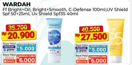 Promo Harga Wardah UV Shield Essential Sunscreen Gel SPF 35 PA+++, Airy Smooth Sunscreen Serum SPF 50 PA++++ 25 ml - Alfamart