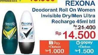Promo Harga REXONA Deo Roll On Women Invisible Dry/ Men Ultra Recharge 45ml btl  - Indomaret