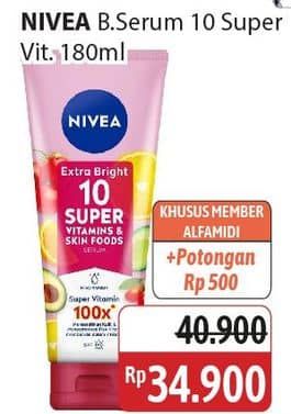 Promo Harga Nivea Extra Bright 10 Super Vitamins & Skin Food Serum 180 ml - Alfamidi