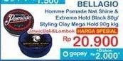 Promo Harga BELLAGIO Homme Pomade Natural Shine & Extreme Hold Black 80g / Styling Clay Mega Hold 90g  - Indomaret
