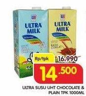 Promo Harga ULTRA MILK Susu UHT Chocolate, Plain 1000 ml - Superindo