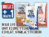 Promo Harga Milk Life UHT Stroberi, Creamy Vanilla, Cokelat 125 ml - Hypermart