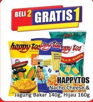 Promo Harga Happy Tos Tortilla Chips Nacho Cheese, Jagung Bakar/Roasted Corn, Hijau 140 gr - Hari Hari