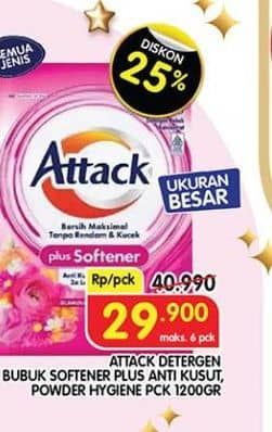 Promo Harga Attack Detergen Bubuk Softener Plus Anti KusutPowder Hygiene PCK 1200gr Softener Plus Anti KusutPowder Hygiene 1200 gr - Superindo