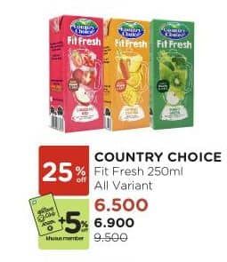 Country Choice Fit Fresh Juice 250 ml Diskon 27%, Harga Promo Rp6.900, Harga Normal Rp9.500, Khusus Member Rp. 6.500, Khusus Member