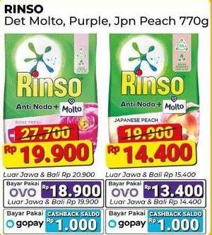 Promo Harga Rinso Anti Noda Deterjen Bubuk + Molto Classic Fresh, + Molto Purple Perfume Essence 770 gr - Alfamart