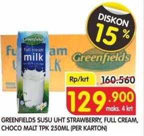 Promo Harga GREENFIELDS UHT Strawberry, Full Cream, Choco Malt 250 ml - Superindo