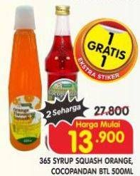 Promo Harga 365 Syrup Squash Orange, Cocopandan Btl 500ml  - Superindo