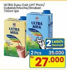 Promo Harga Ultra Milk Susu UHT Coklat, Full Cream, Moka, Stroberi 750 ml - Indomaret
