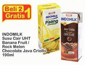 Promo Harga INDOMILK Susu UHT Pisang, Melon, Chocolate Java Criollo per 2 pcs 190 ml - Indomaret