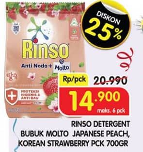 Promo Harga Rinso Anti Noda Deterjen Bubuk + Molto Japanese Peach, + Molto Korean Strawberry 700 gr - Superindo