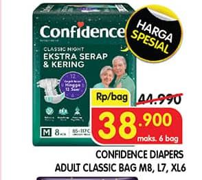 Promo Harga Confidence Adult Classic Night Ekstra Serap & Kering M8, L7, XL6 6 pcs - Superindo