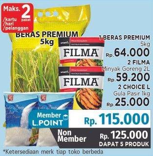 Promo Harga PAKET 125K ( 1 Beras premium + 2 Filma Minyak Goreng + 2 Choice L Gula Pasir)  - LotteMart