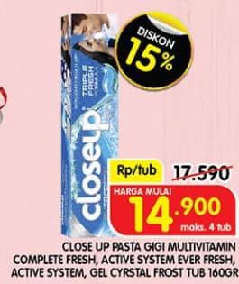 Promo Harga Close Up Pasta Gigi Complete Fresh Protec, Everfresh Menthol Fresh, Everfresh Icy White Winter Blast 160 gr - Superindo