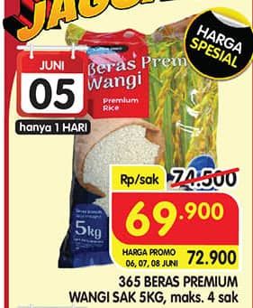 Promo Harga 365 Beras Premium Wangi 5000 gr - Superindo