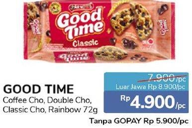 Promo Harga GOOD TIME Cookies Chocochips Coffee, Rainbow Chocochip, Double Choc 72 gr - Alfamidi