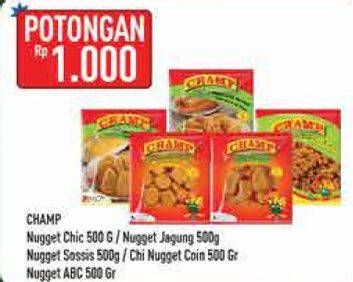 Promo Harga Champ Chicken Nugget / Nugget Jagung/ Sosis/ Nugget Coin/ Nugget ABC 500gr  - Hypermart