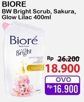 Promo Harga Biore Body Foam Bright White Scrub, Lovely Sakura Scent, Glow-Up Lilac Scent 400 ml - Alfamart
