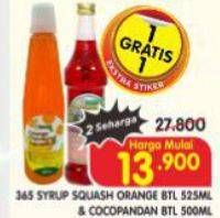 Promo Harga 365 Syrup Squash Orange Btl 525ml & Cocopandan Btl 500ml  - Superindo