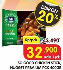 Promo Harga SO GOOD Chicken Nugget Premium/Chicken Stick 400gr  - Superindo