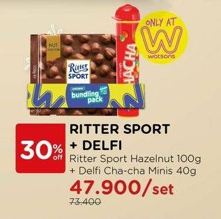 Promo Harga RITTER SPORT Hazelnut 100g + DELFI CHA CHA Minis 40g  - Watsons