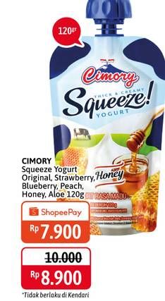 Promo Harga CIMORY Squeeze Yogurt Original, Strawberry, Blueberry, Peach, Honey, Aloe Vera 120 gr - Alfamidi