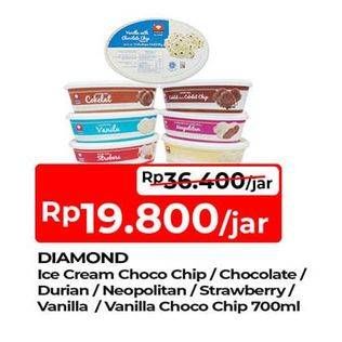 Promo Harga Diamond Ice Cream Chocolate With Chocolate Chip, Cokelat, Neapolitan, Stroberi, Vanila, Vanilla With Chocolate Chip 700 ml - TIP TOP