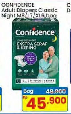 Promo Harga Confidence Adult Classic Night Ekstra Serap & Kering L7, M8, XL6 6 pcs - Indomaret