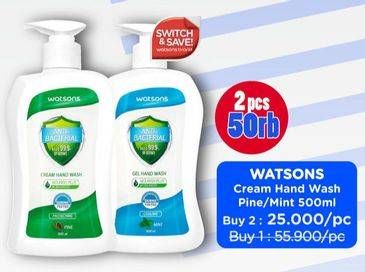Promo Harga WATSONS Anti Bacterial Cream Hand Wash Cooling Mint, Protecting Pine 500 ml - Watsons